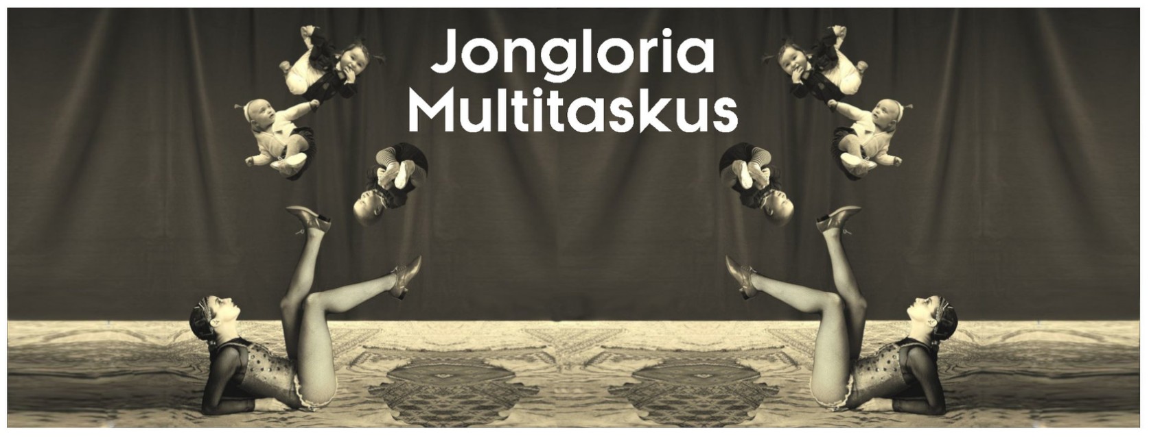 Black and white photo of juggler Karen Bourrant juggling babies with her feet, baby antipodism